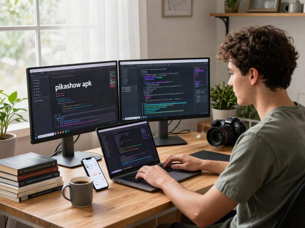 Engaged developer using pikashow apk on dual monitors in a cozy home office filled with tech gadgets.