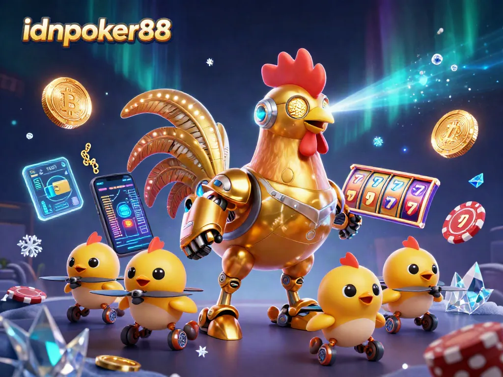 Experience thrilling moments with idnpoker88 as the golden rooster robot leads a vibrant gaming adventure.