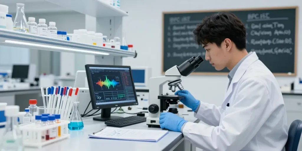 BPC-157 research peptide analysis in modern laboratory setting with researcher and scientific equipment.