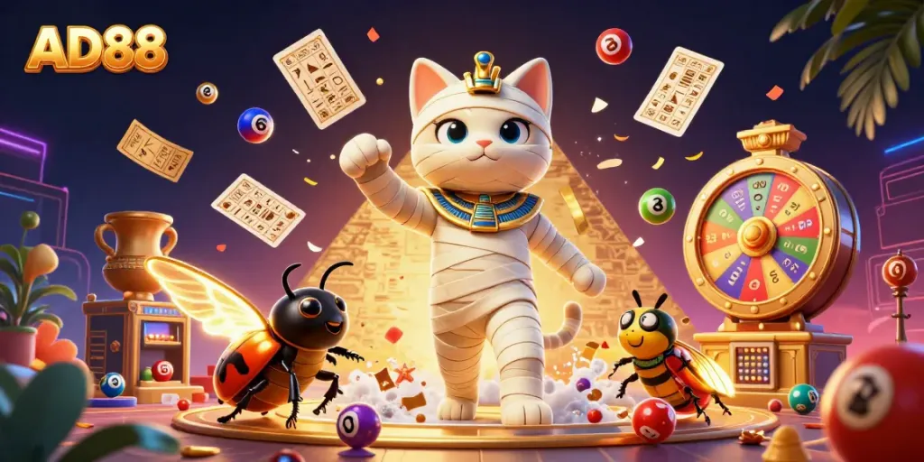 Engage with exciting AD88 experiences at this vibrant online casino scene featuring a mummy cat.