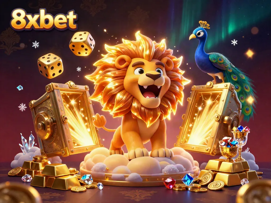 Experience thrilling wins with 8xbet in a dynamic casino scene featuring golden treasures and a roaring lion.