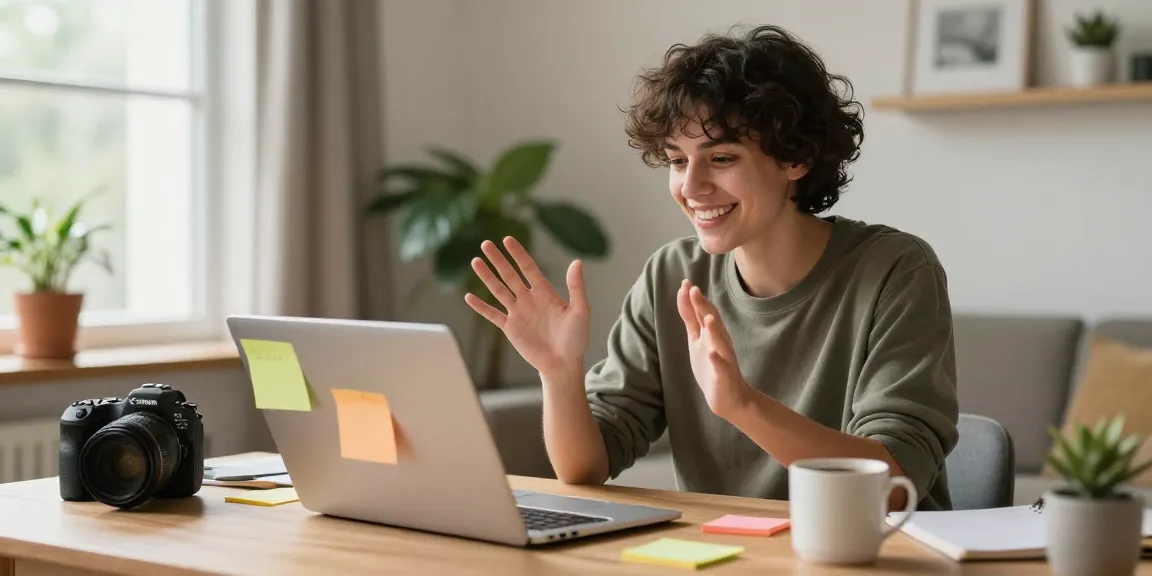 A person enjoying a vibrant 1v1 chat in a cozy home office, smiling and engaged.