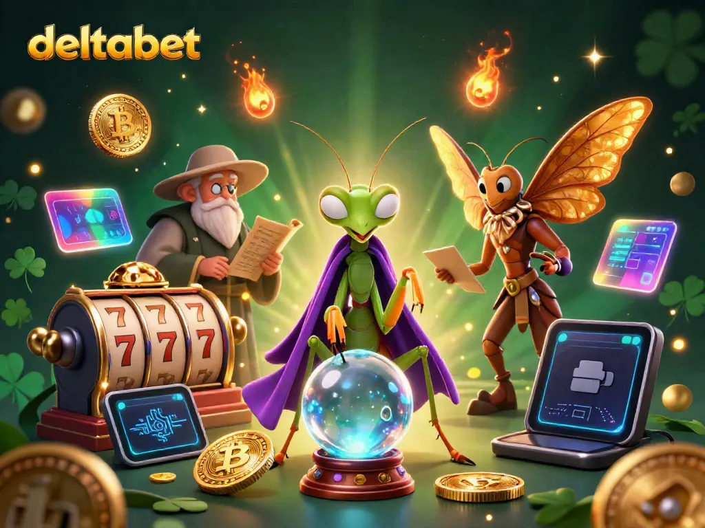 Menggambarkan visual kreatif di DELTABET yang menampilkan slot reels dan koin Bitcoin, memberikan pengalaman bermain yang menarik.