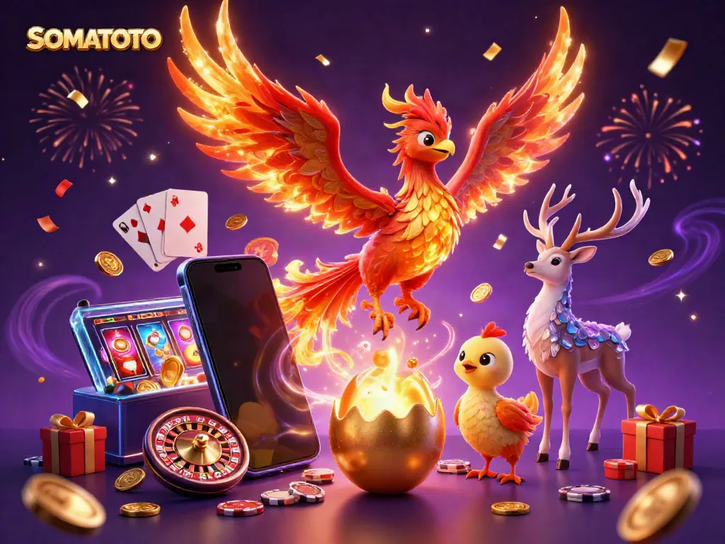 SOMATOTO gambling scene featuring a fire phoenix and magical elements with vibrant casino graphics
