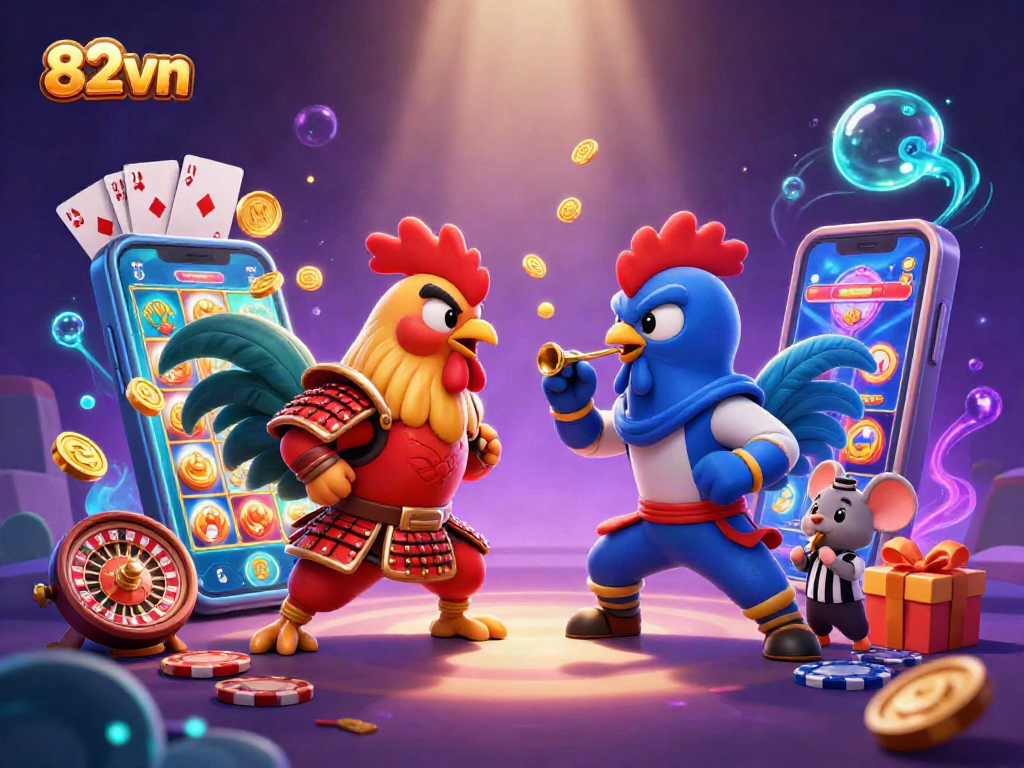 Engage in thrilling bets with 82vn as cartoon roosters collide amidst vibrant casino elements.