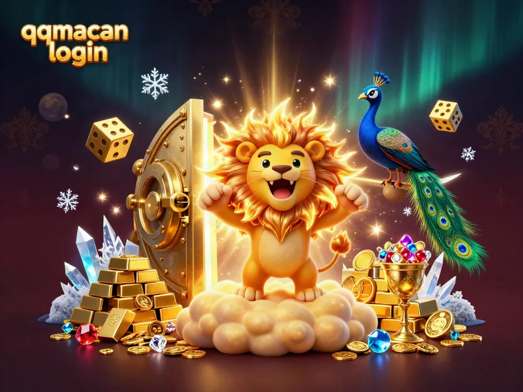 Play and win with qqmacan login, featuring dynamic gambling elements and a playful lion in a luxurious scene.