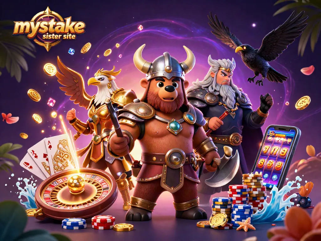 Engage with the thrilling mystake sister site, featuring a Viking bear and Valkyrie in a vibrant casino scene.