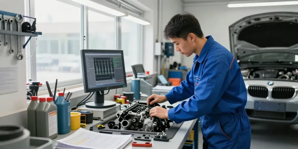 Mechanic performing bmw steuerkette wechseln in a well-lit workshop.