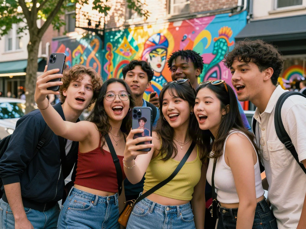 Friends joyfully discovering which celebrities they look like using a fun mobile app.