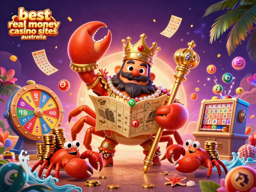 Engage with the best real money casino sites australia through a vibrant 3D illustration depicting a golden crab emperor surrounded by exciting gaming elements.