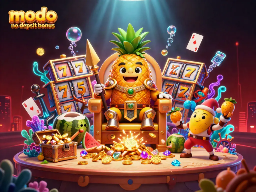 Play with Modo Casino no deposit bonus featuring a lively scene of a golden pineapple king and his tropical entourage.
