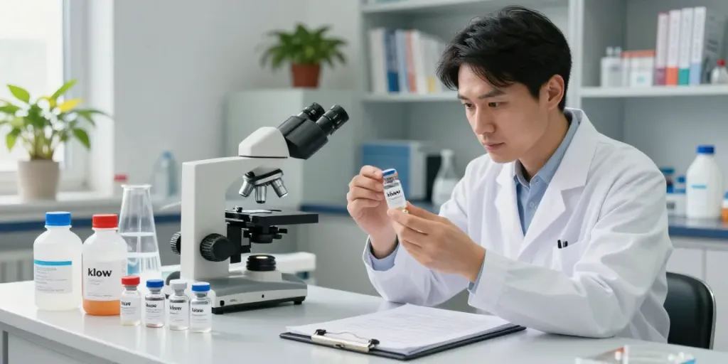 Scientist analyzing klow peptide blend composition in a wellness lab environment.