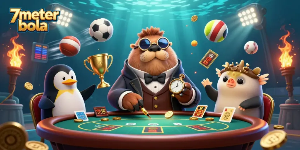 Engage in thrilling sports betting action with 7meter bola as a jolly walrus enjoys a poker game.