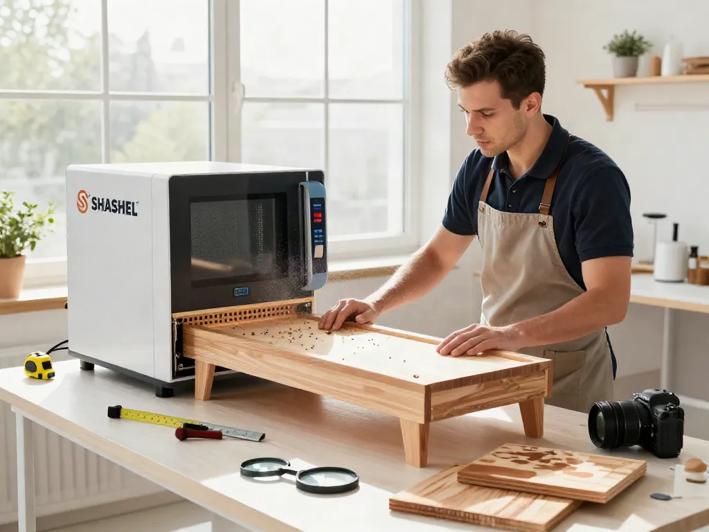 SHASHEL® expert technician using microwave device to eliminate wood-boring insects in a workshop.