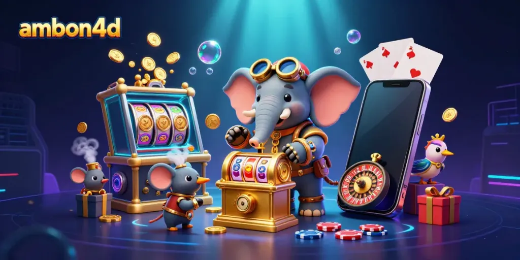 Join the interactive gaming action at ambon4d with the steampunk elephant engineer operating a vibrant slot machine.