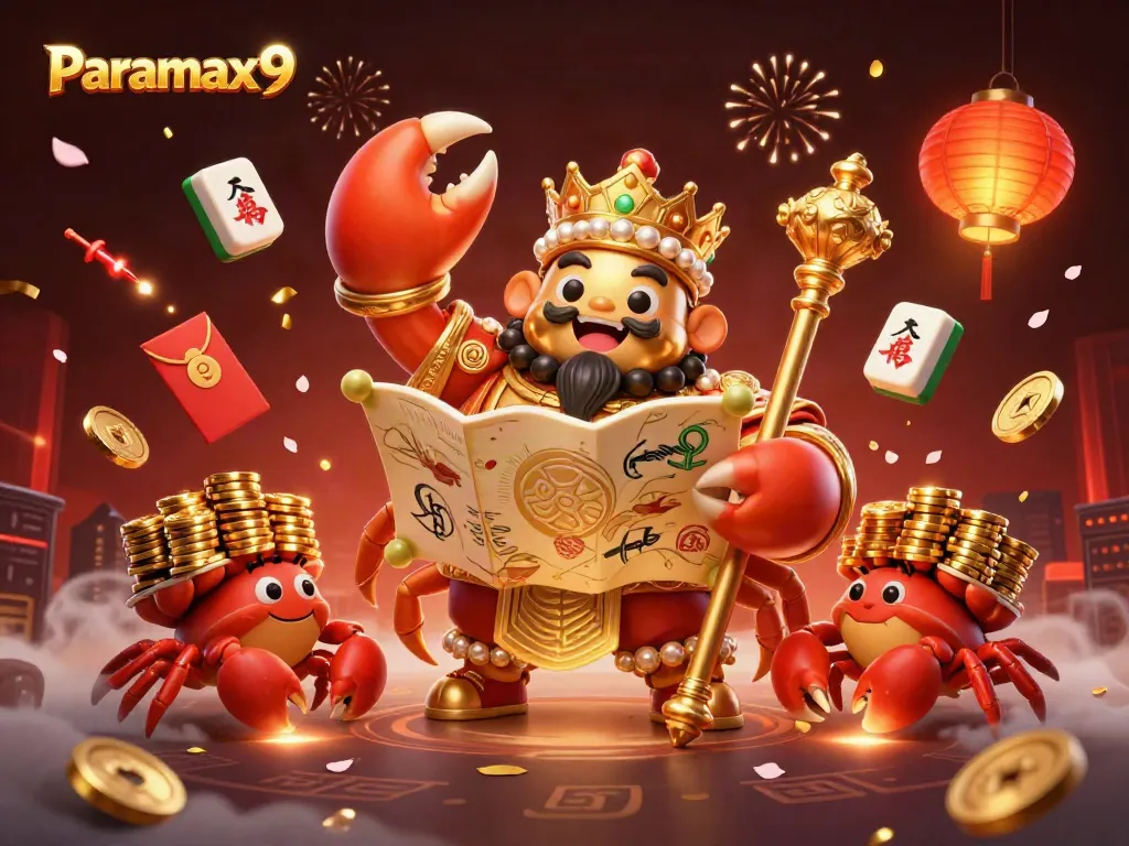 Engage with Paramax9's vibrant online casino scene featuring a golden crab king amidst lively gambling elements.