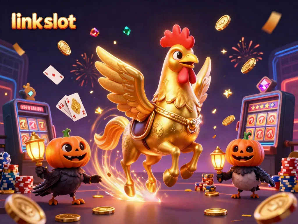 Permainan slot gacor sudah ada, dengan karakter ayam jantan emas mencoba peruntungannya di kasino malam.