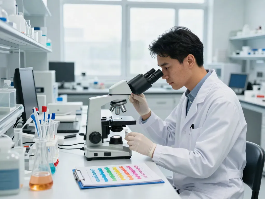 Buy tesamorelin peptide in a professional research setting with scientists and lab equipment