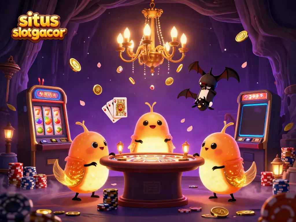 Engage with situs slot gacor's vibrant casino scene featuring glowing glowworms and slot machine action.