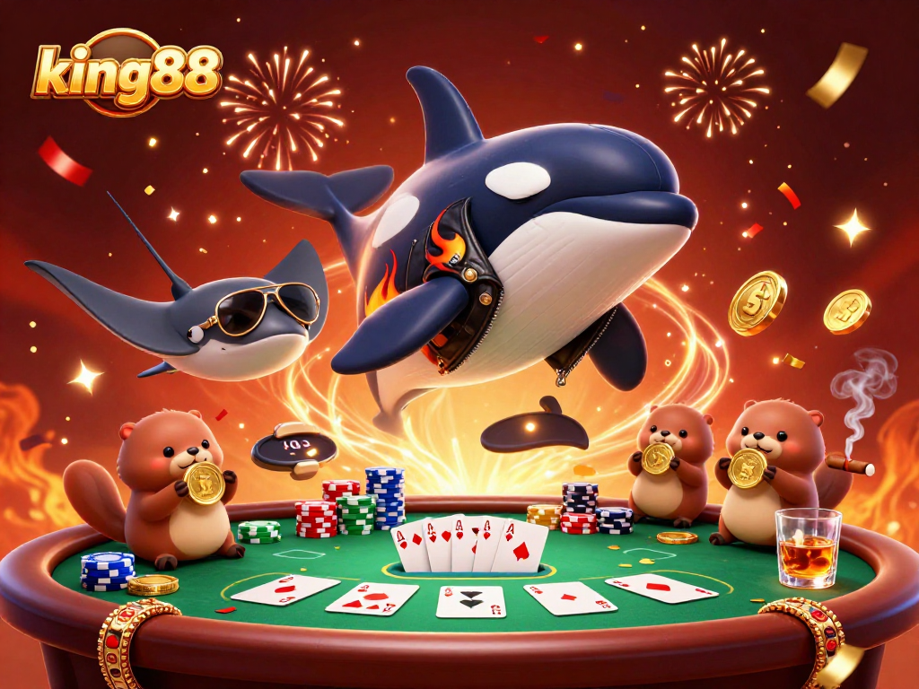 Experience the excitement of king88 with a vibrant casino scene featuring playful characters celebrating with golden coins and poker elements.
