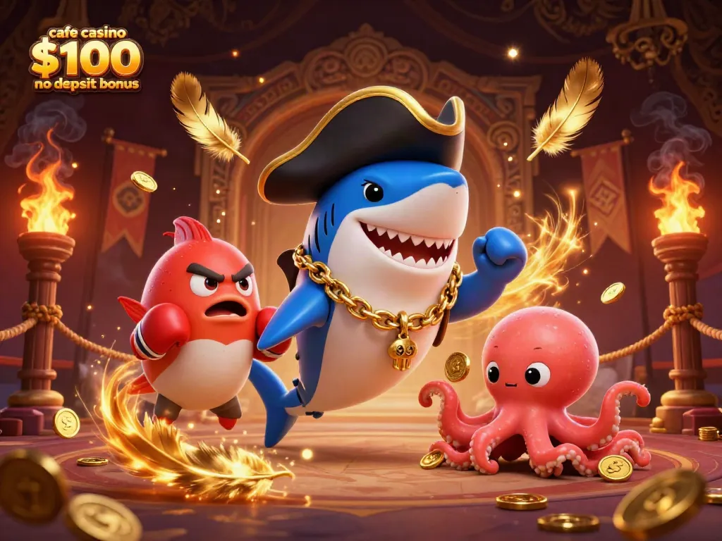 Capture the action with Cafe Casino $100 no deposit bonus featuring cartoon pirate shark, pufferfish, and octopus.