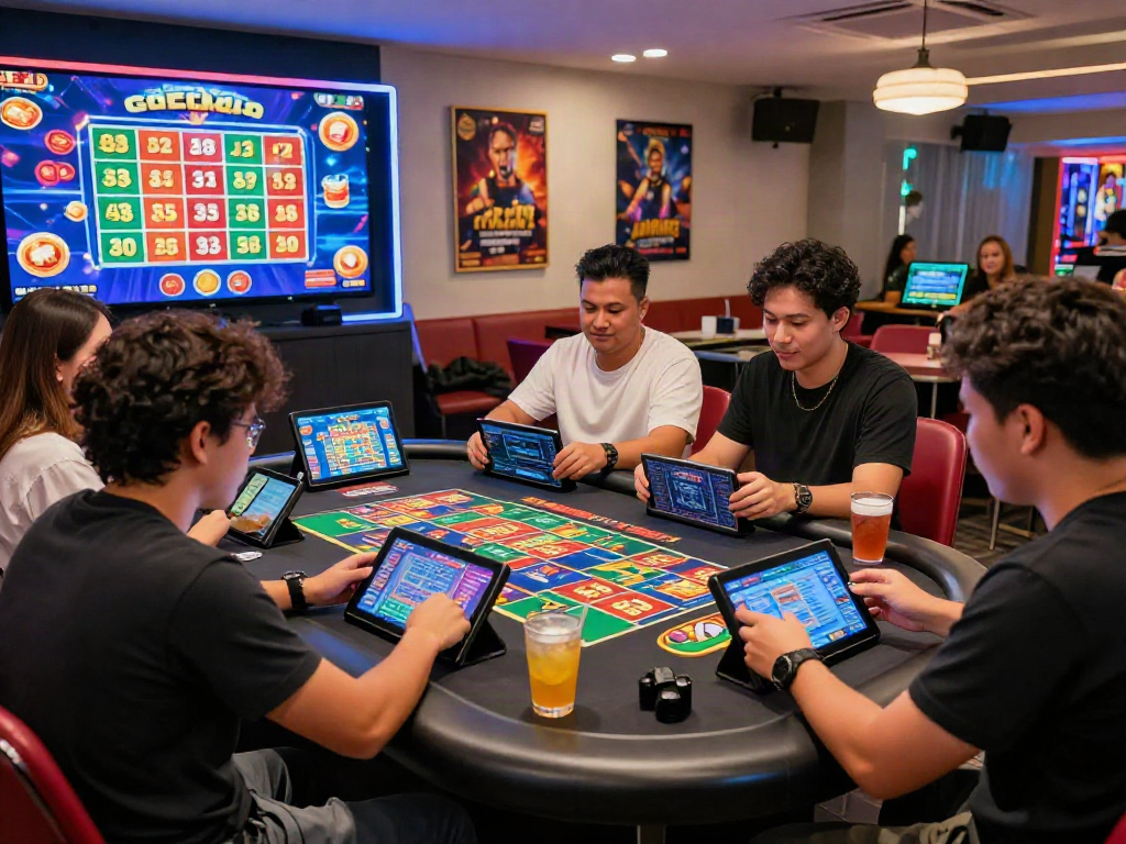 Engaged players enjoying a vibrant bandar togel online gaming experience, strategizing with digital devices in modern setting.