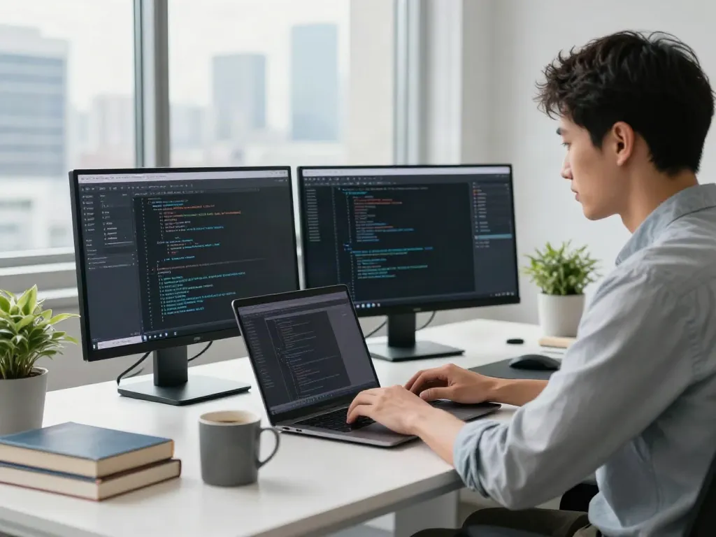Developer using Brave Browser on dual monitors in a sleek office environment
