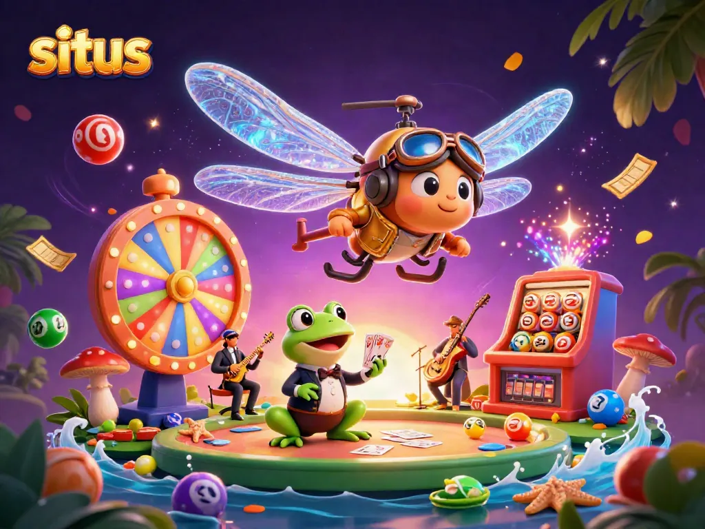 Experience the excitement of situs gaming with vibrant characters and casino elements surrounding them.