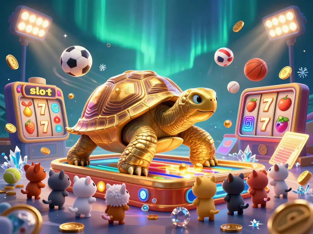 Experience thrilling slot game action with a golden tortoise pinball machine amidst energetic gameplay elements.