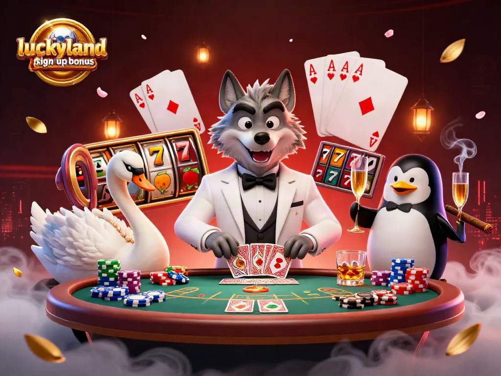 Win big with luckyland slots sign up bonus in this dynamic casino scene featuring engaging characters.