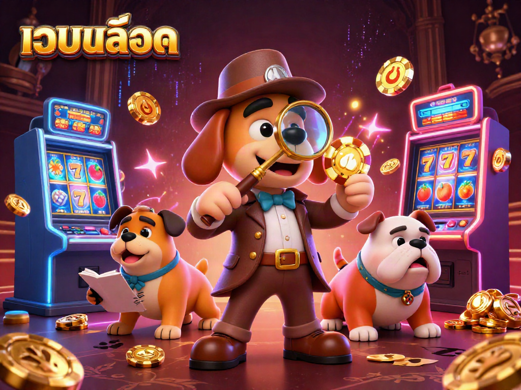Engage with เว็บสล็อต as a detective duo investigates clues in a vibrant casino setting.