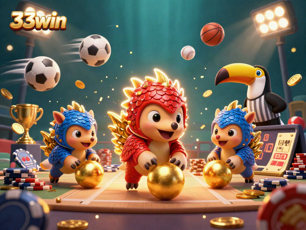 33win pangolins compete in a vibrant casino scene filled with sports elements and casino chips.