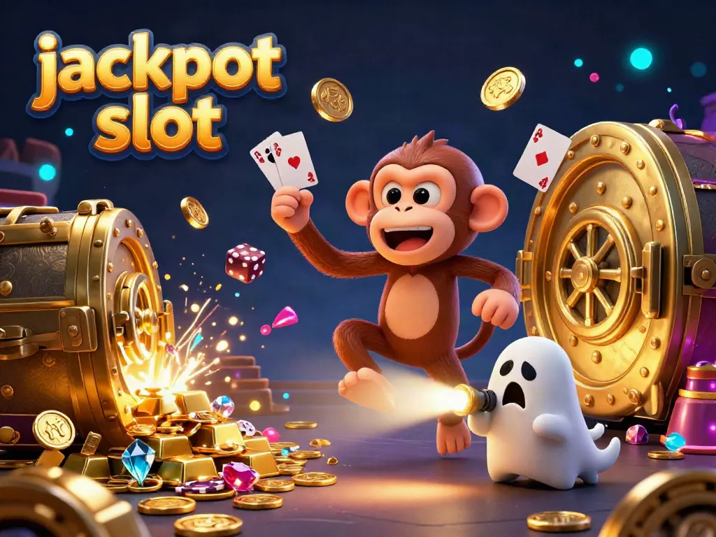 Experience the excitement of jackpot slots with a lively 3D illustration of a poltergeist monkey juggling golden coins and a ghost-hunter puppy in a vibrant casino.