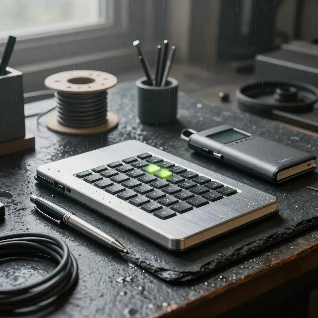 Workflow kit on a slate bench: keypad, notebook, pen, cable spool and voice recorder in dawn mist.