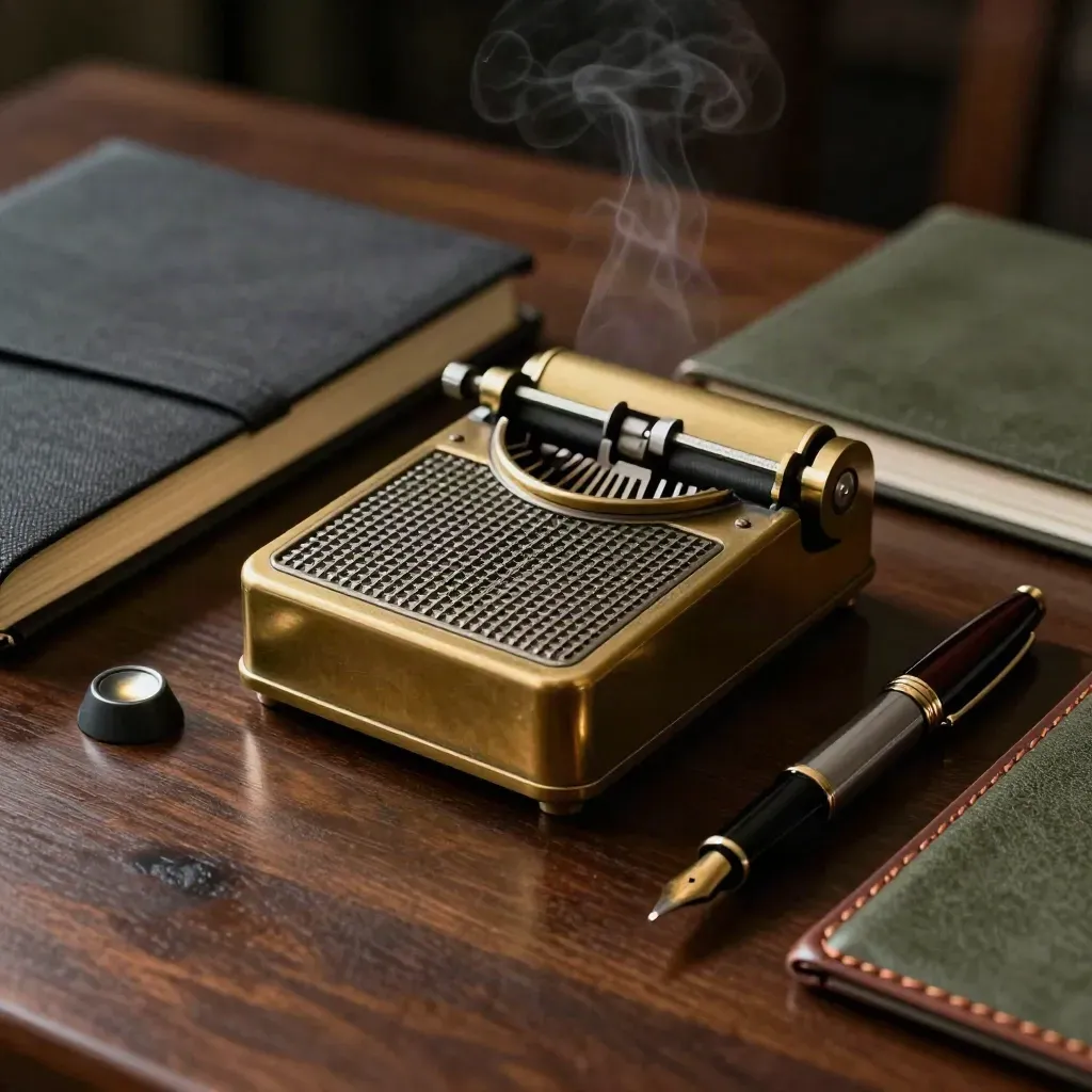 Brass dictation recorder with pen, notebook, and blotter on walnut in dramatic light
