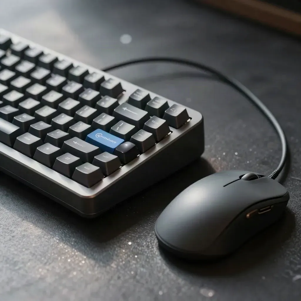 Macro of a keypad, braided cable, mouse and USB hub on charcoal metal under dramatic light.