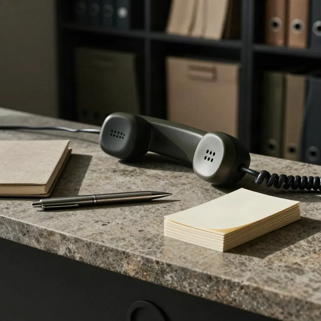 Stone still life of office handset, pen, notebook and follow-up cards in soft directional light.