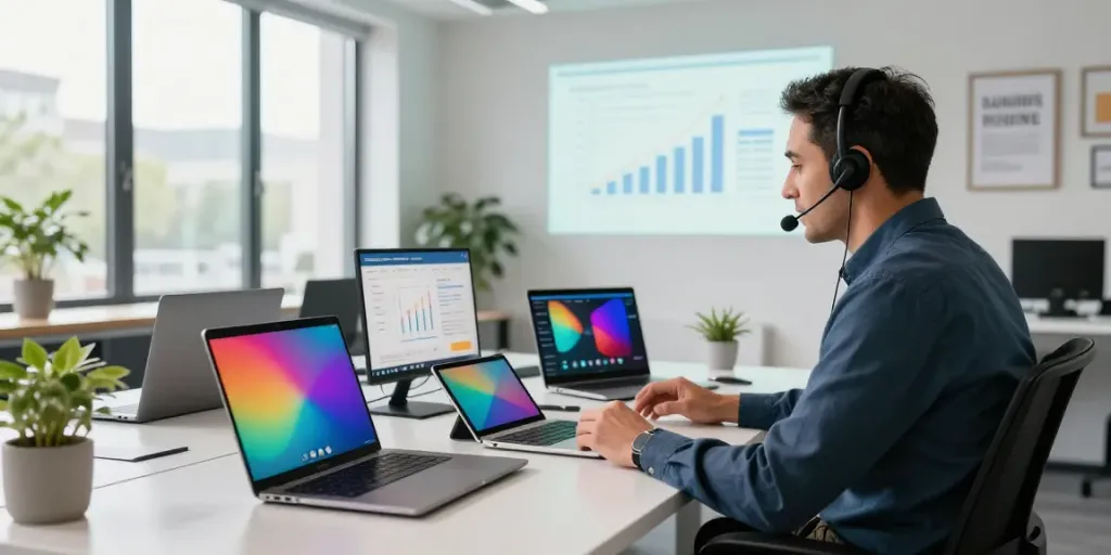 Michael Rustom Consultant engaged in a video meeting in a modern corporate workspace, showcasing professional consulting dynamics.