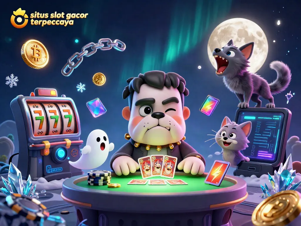 Engaging illustration showcasing the fun at situs slot gacor terpercaya with monsters playing card games.