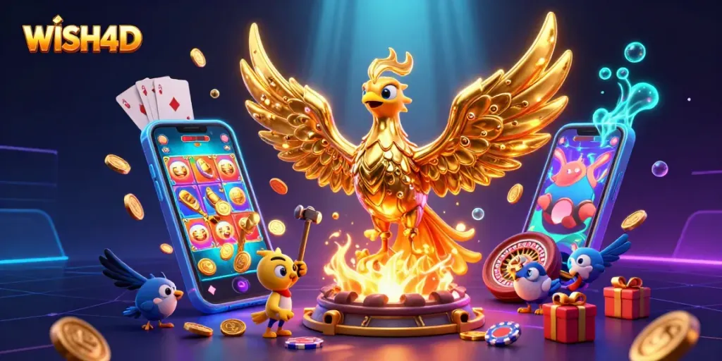 Spin and win at WISH4D with golden phoenix and exciting gaming elements!