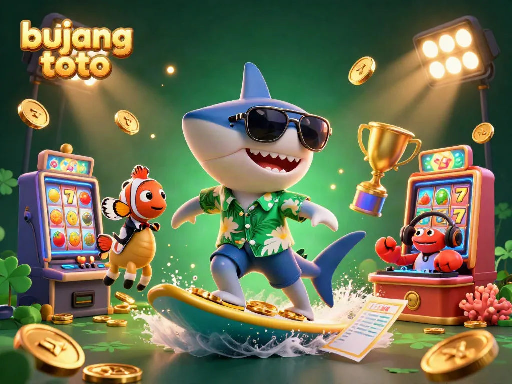 Experience the excitement of bujang toto with a vibrant 3D shark surfing on gold coins amidst slot game elements.