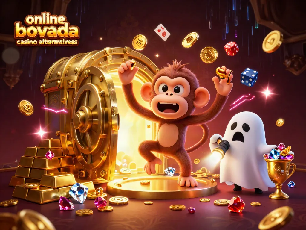 Engage with online bovada casino alternatives through a vibrant 3D scene filled with swirling treasure and playful characters.