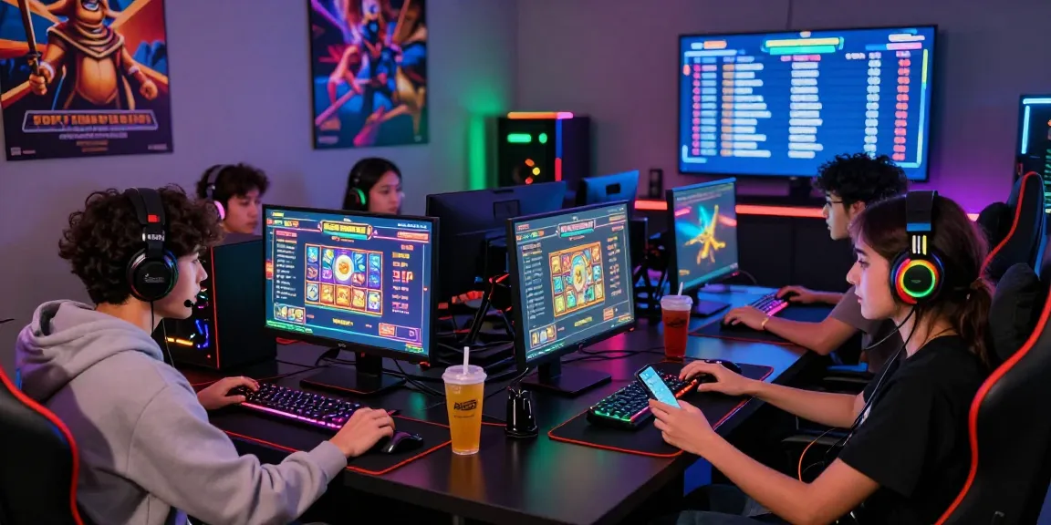 Engaging group of friends enjoying bandar slot games in a vibrant gaming setup, showcasing modern gaming gear and an exciting atmosphere.