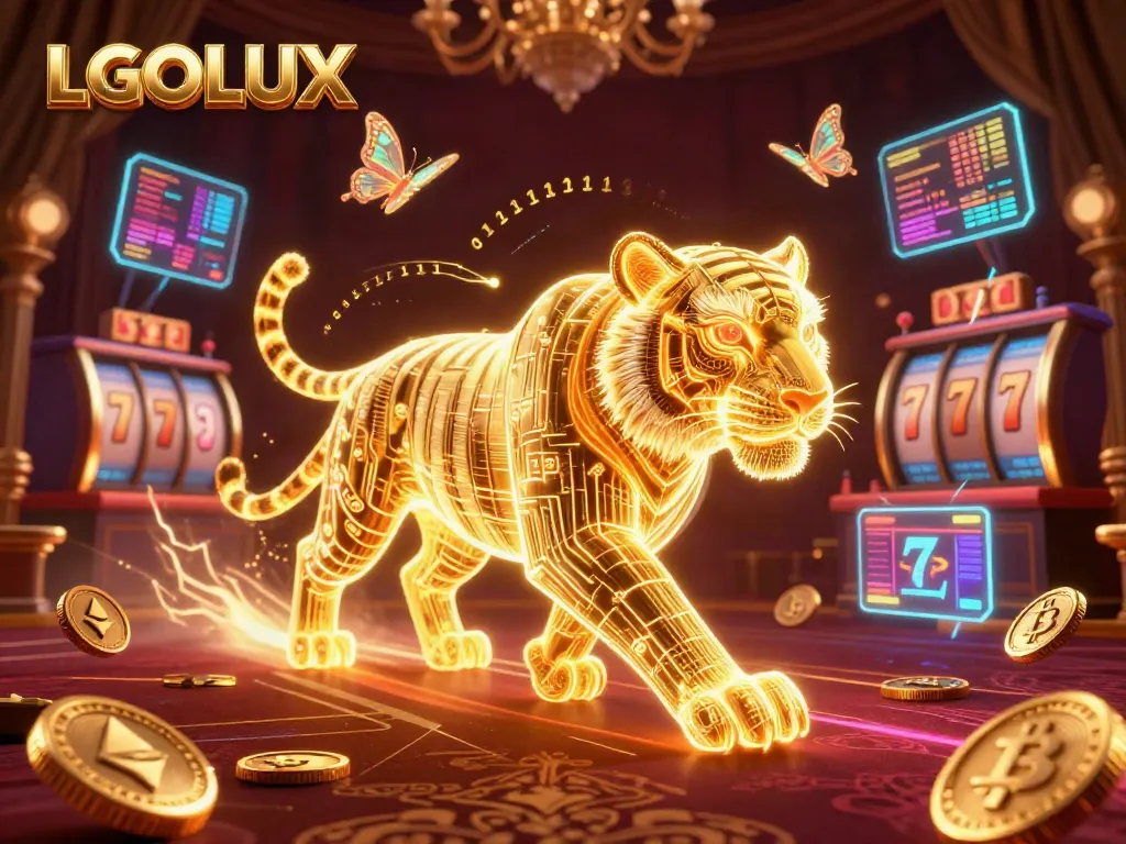 Experience the excitement of LGOLUX with a golden light tiger illuminating a vibrant casino atmosphere.