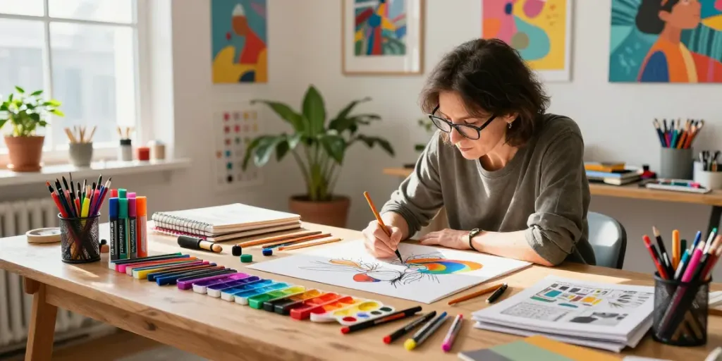 Artist illustrating with colorful markers wholesale in a bright workspace.
