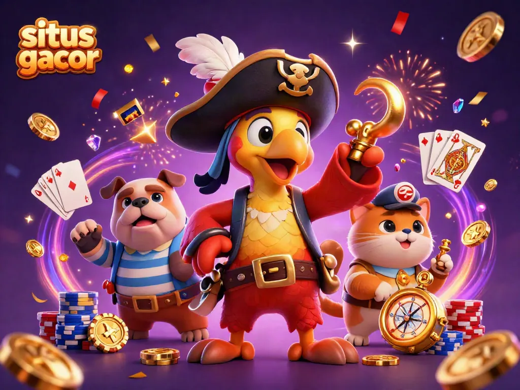 Engage with situs gacor characters surrounded by vibrant casino elements and slot machines in a festive environment.