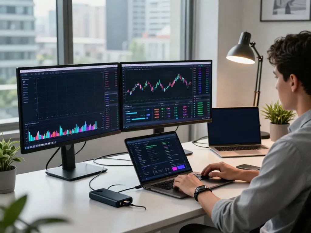 Crypto price API interface displayed on multiple monitors in a professional trading workspace with live market data.