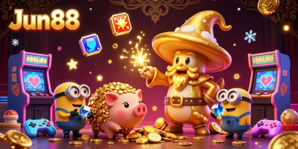 Experience the magic of Jun88 casino with a golden mushroom wizard, truffle pig, and dynamic game elements.