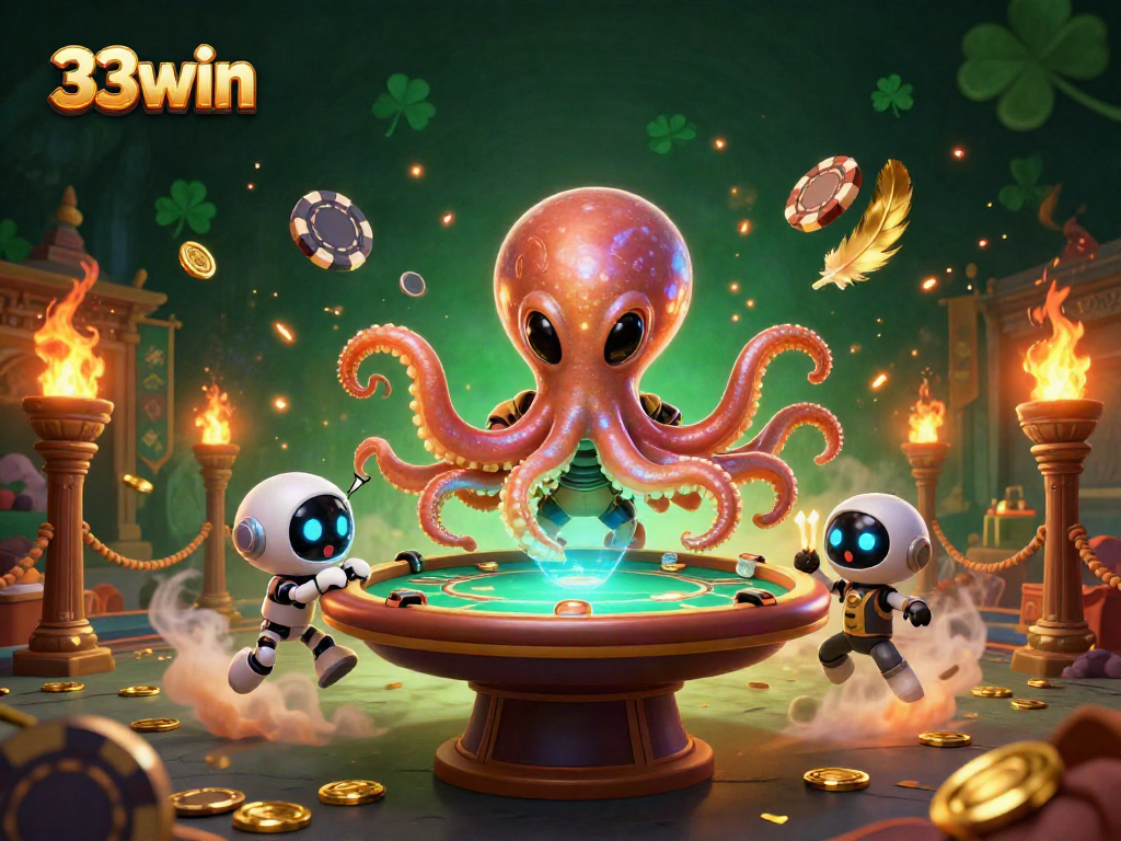 33win alien octopus plays poker with vibrant atmosphere and dynamic elements in a cosmic casino.