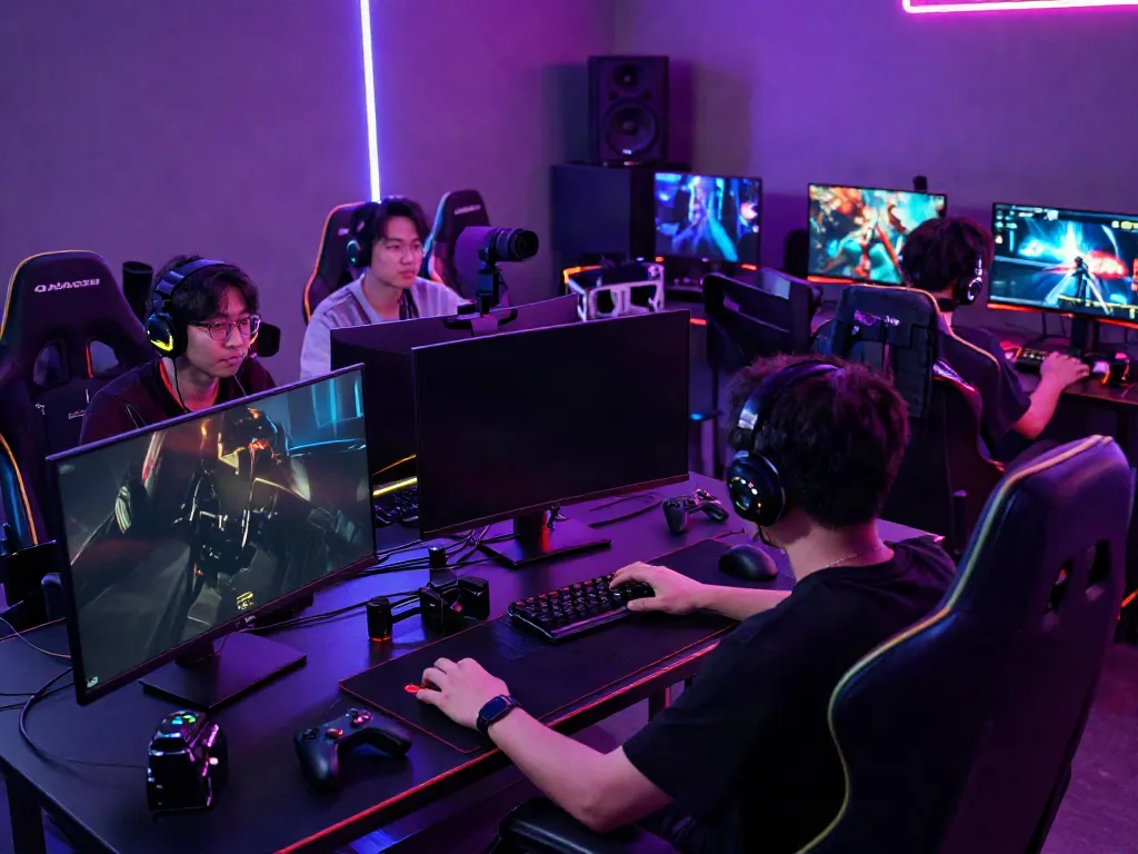 Intense gameplay scene of QQMacan with players in illuminated gaming setup, showcasing modern equipment and vibrant atmosphere.